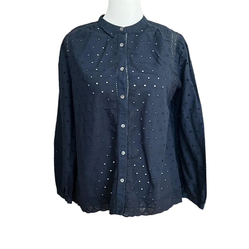 J. CREW Navy Blue Eyelet Button Up Blouse